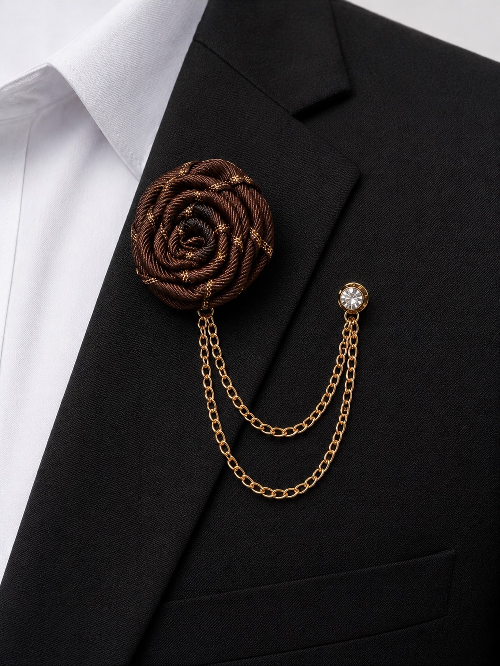 Men’s Brown Satin Rose Lapel Pin Brooch Double Gold Tone Chain Rhinestone